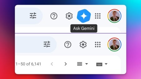 Two screenshots of the top bar in Google websites. One shows the Ask Gemini button and the other one hides it.